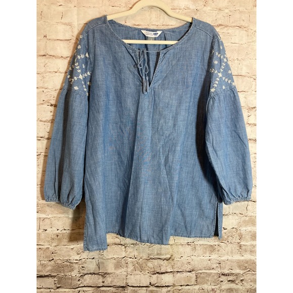 Old Navy Tops - Old Navy Peasant Top Womens Large Chambray Blue Embroidered Boho Balloon Sleeve